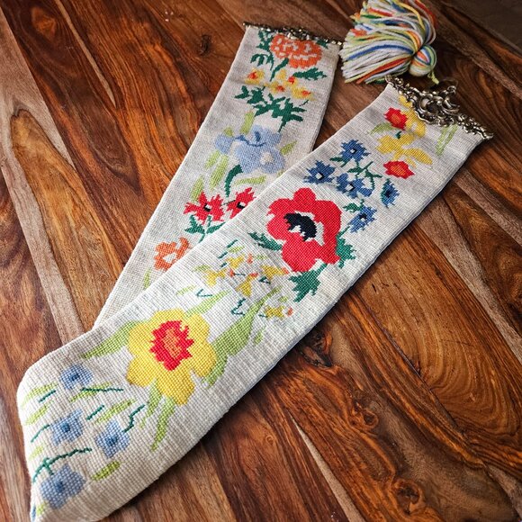 Vintage Scandinavian Hand Embroidered Floral Brass Wall Hanging Bell Pull 68" - Picture 1 of 9